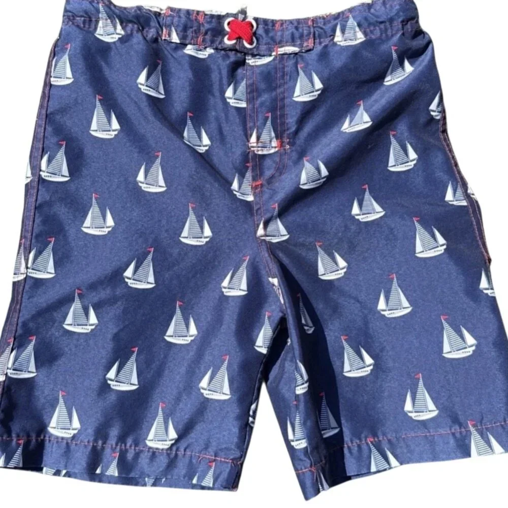 Lily & Dan Boys Swim Trunks 6-7 Sailboat Nautical Mesh Lined Blue Beach Shorts‎